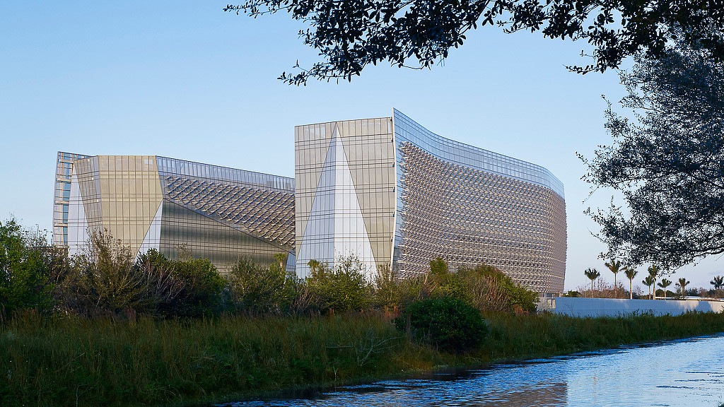A building with a glass front.